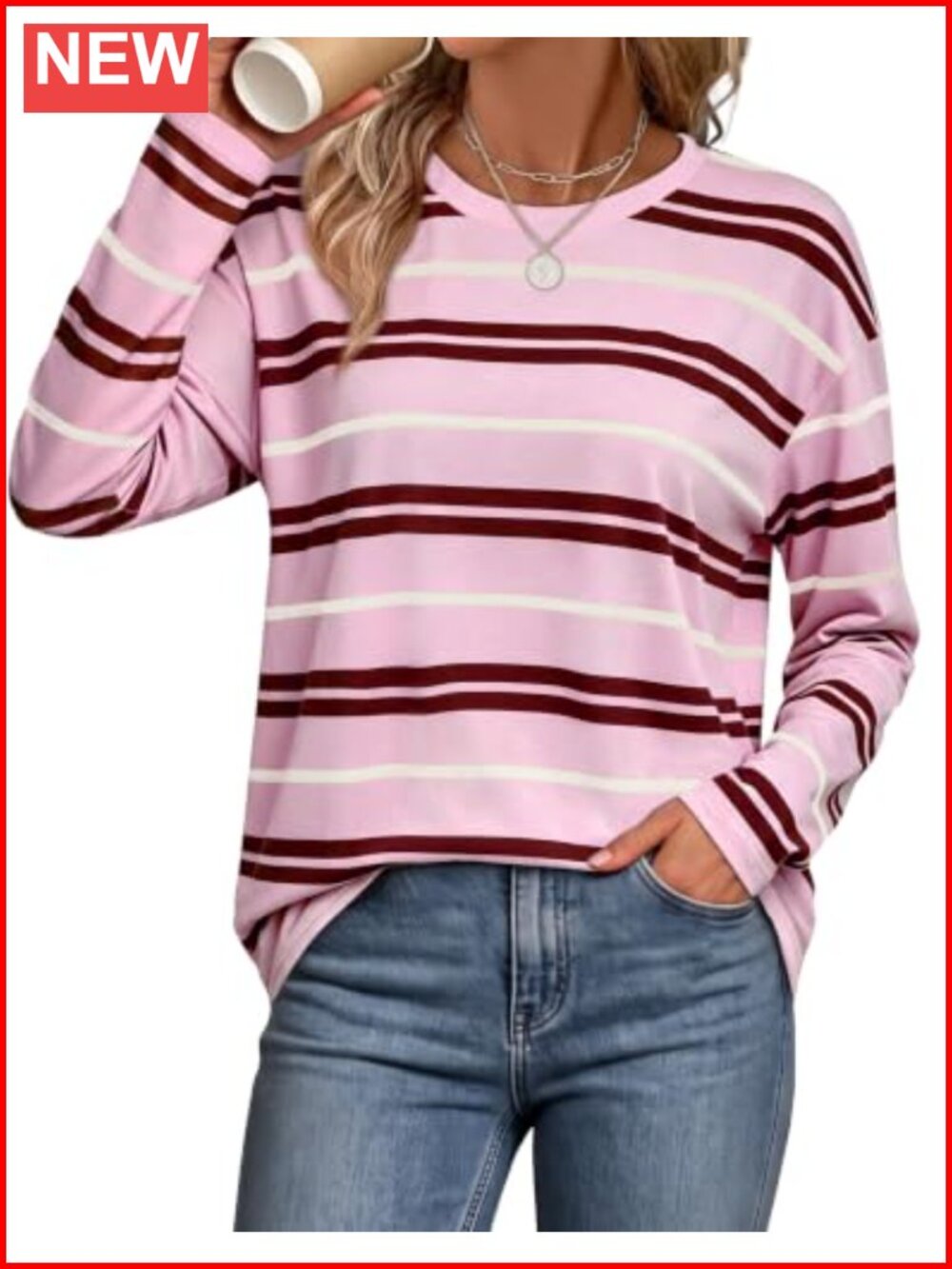 WIHOLL Women's Long Sleeve Striped Oversized T-Shirt Crewneck Pullover Top